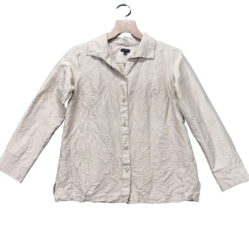 Talbots Shirt Womens‎ 10 Beige 100% Silk Button Front Long Sleeve Blouse Top